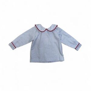 Shrimp & Grits Kids 18M Boy’s Blue Gingham Long Sleeve Top with Red Trim